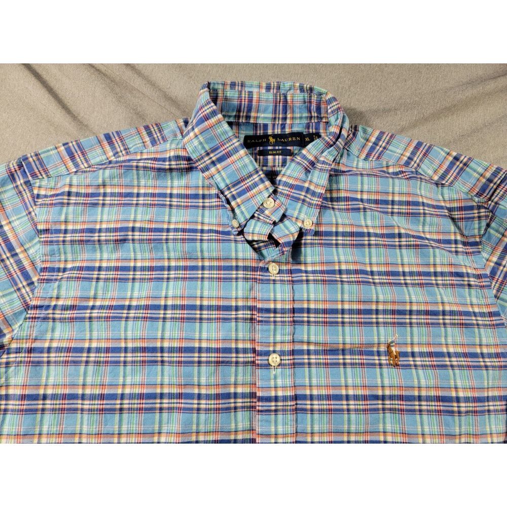 Ralph Lauren Mens XL L/S Button Up Shirt Blue Plaid Twill‎ Flesh Pony, Slim Fit